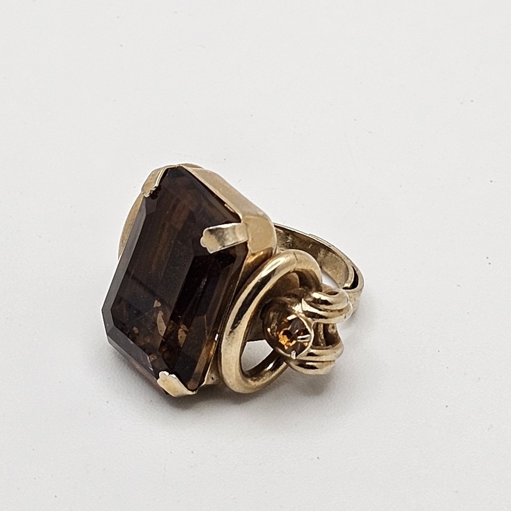 Huge Vintage Gold Tone and Smoky Quartz(?) Style Gemstone Cocktail Ring